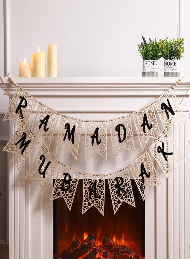 SmoothNovelty 2 Pcs Eid Ramadan Mubarak Banner Wooden Ramadan Mubarak Decoration Rustic Bead Ramadan Decorations Banner Muslim Party Decor Supplies for Home Fireplace Indoor Outdoor(Black Letter) - Image 1